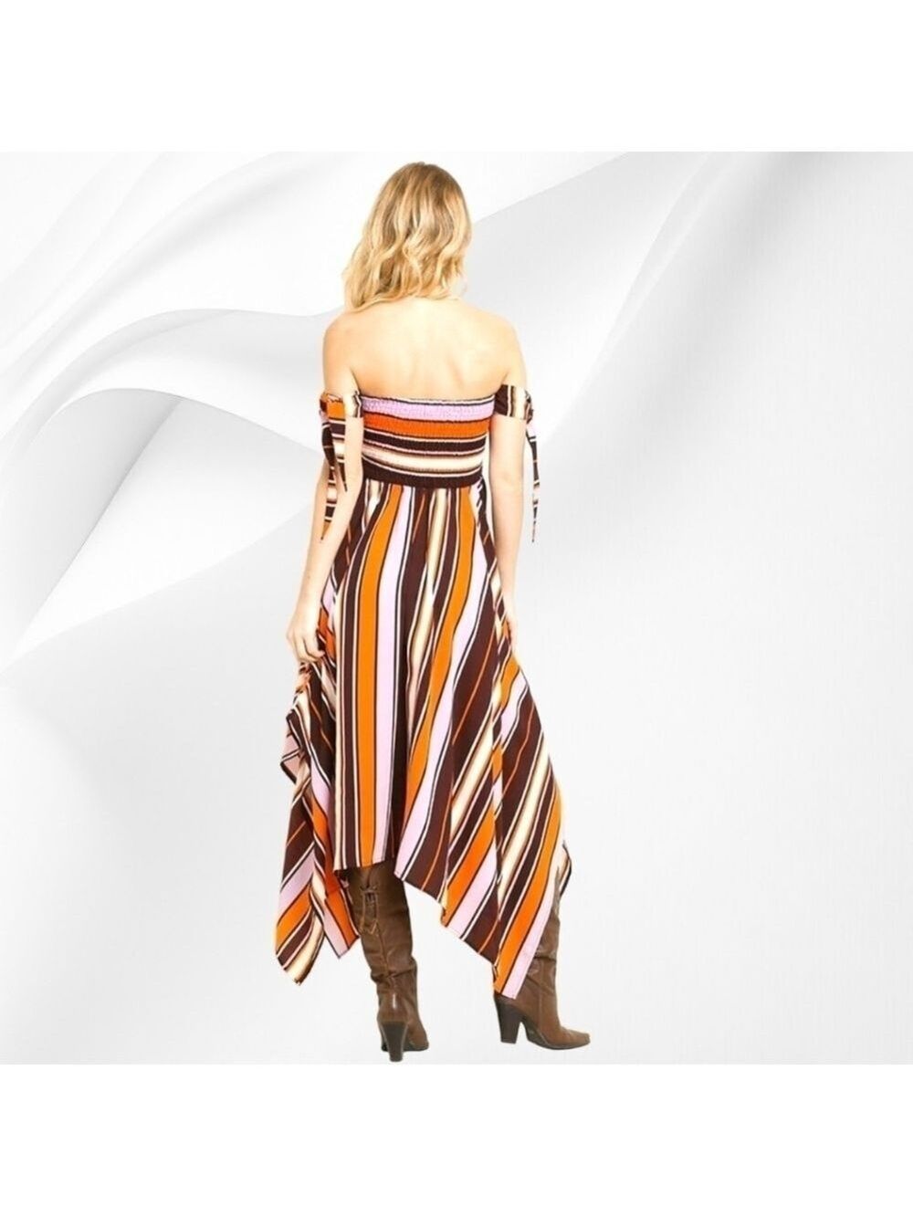 UMGEE Brown & Pink Striped Smocked Off-Shoulder Asymmetrical Dress - Picture 5 of 7
